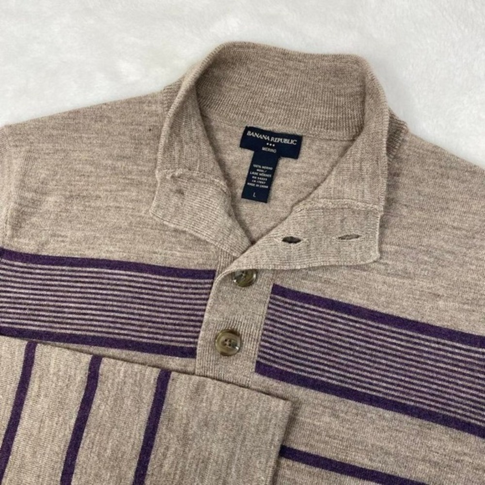 Banana Republic Merino Wool Sweater Mens L Tan Purple Stripe Mock Neck Preppy